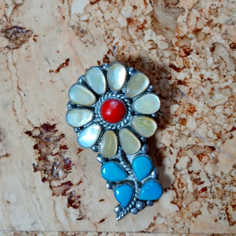 Flower Necklace /Pin of Mother of Pearl, Turquoise & Coral in Sterling Silver